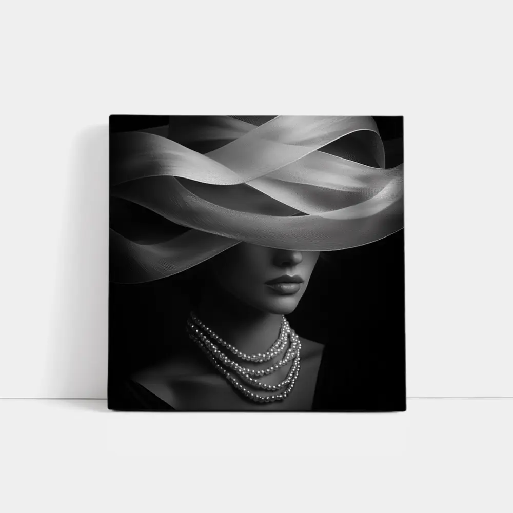 Elegant Woman Pearl Necklace Wide Hat Black – Wall Art