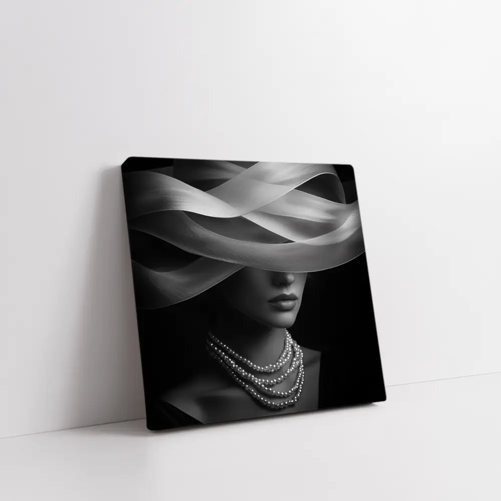 Elegant Woman Pearl Necklace Wide Hat Black – Wall Art