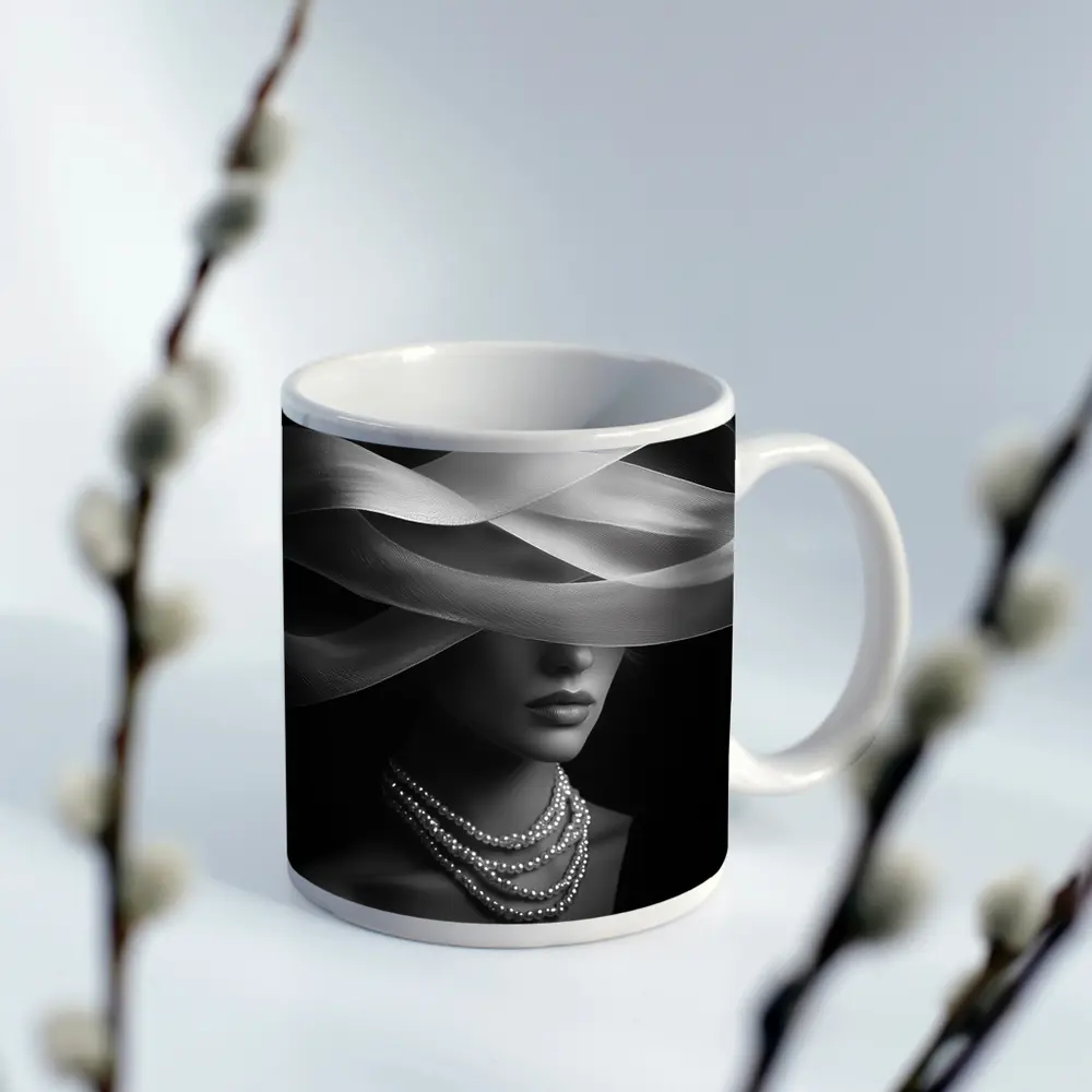 Elegant Woman Pearl Necklace Wide Hat Black – Mugs
