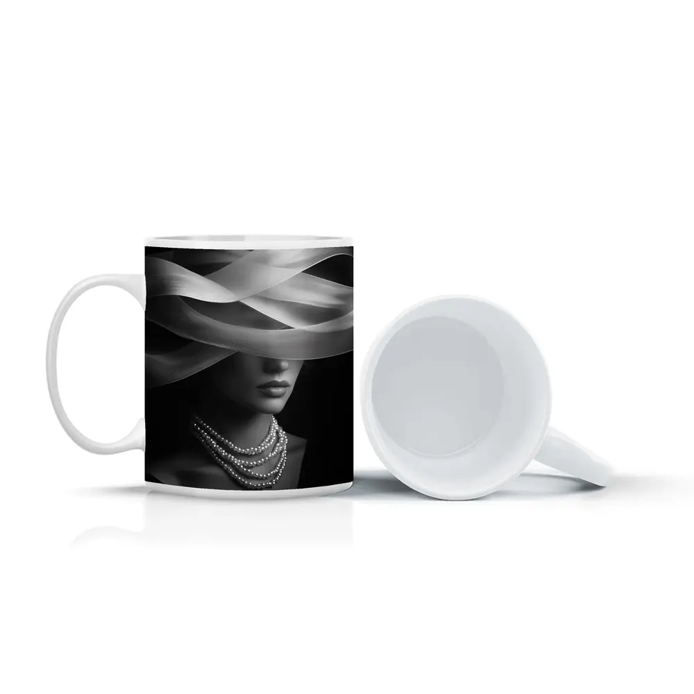 Elegant Woman Pearl Necklace Wide Hat Black – Mugs