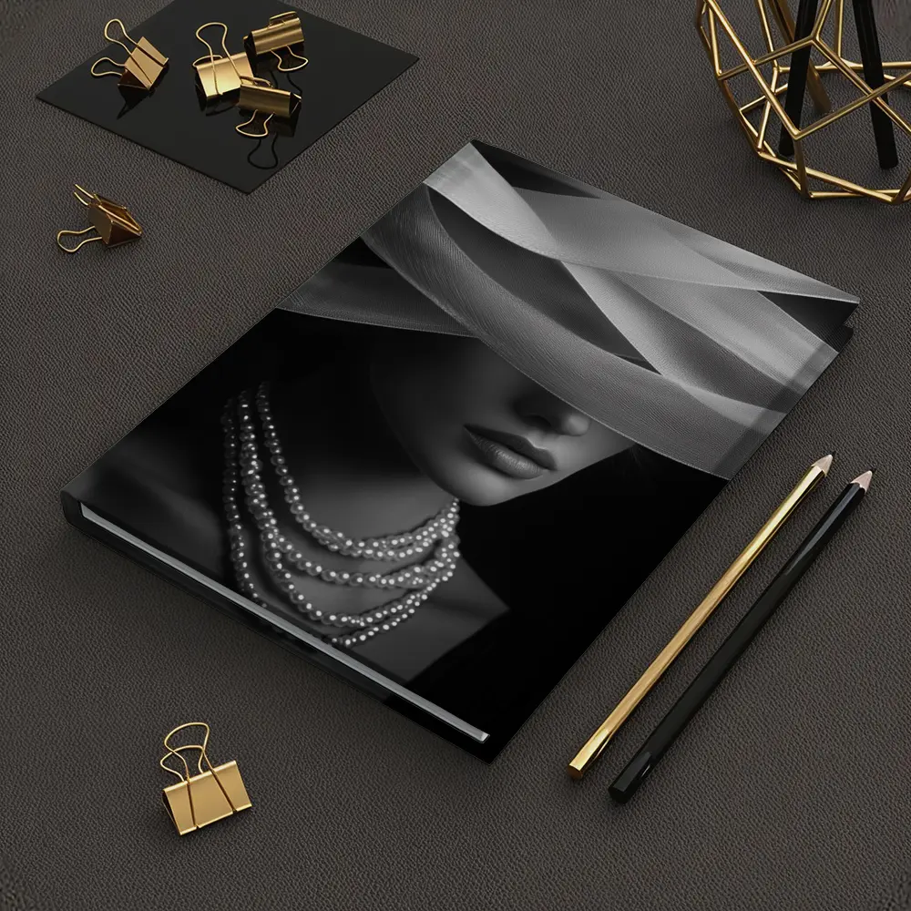 Elegant Woman Pearl Necklace Wide Hat Black – Notebooks
