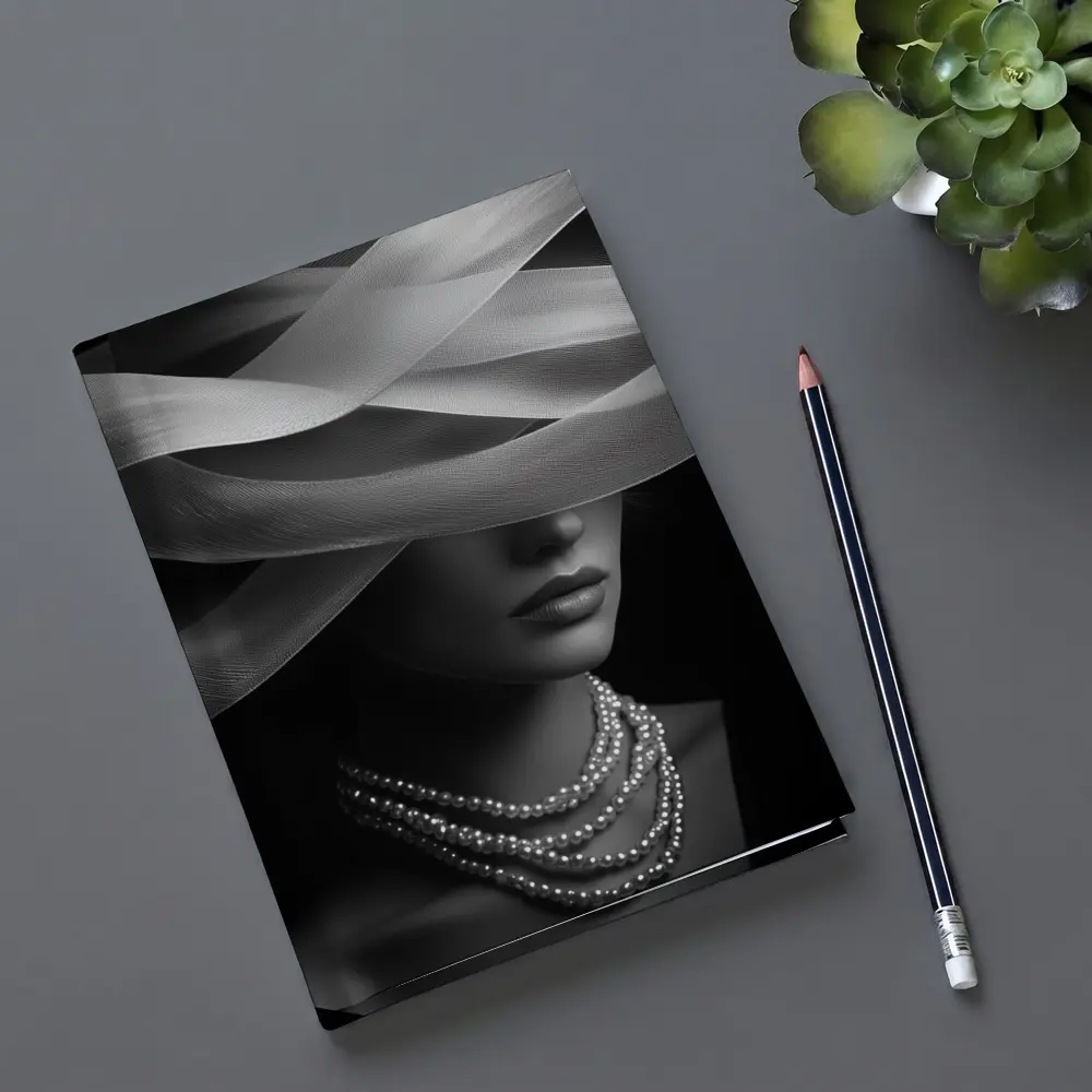 Elegant Woman Pearl Necklace Wide Hat Black – Notebooks