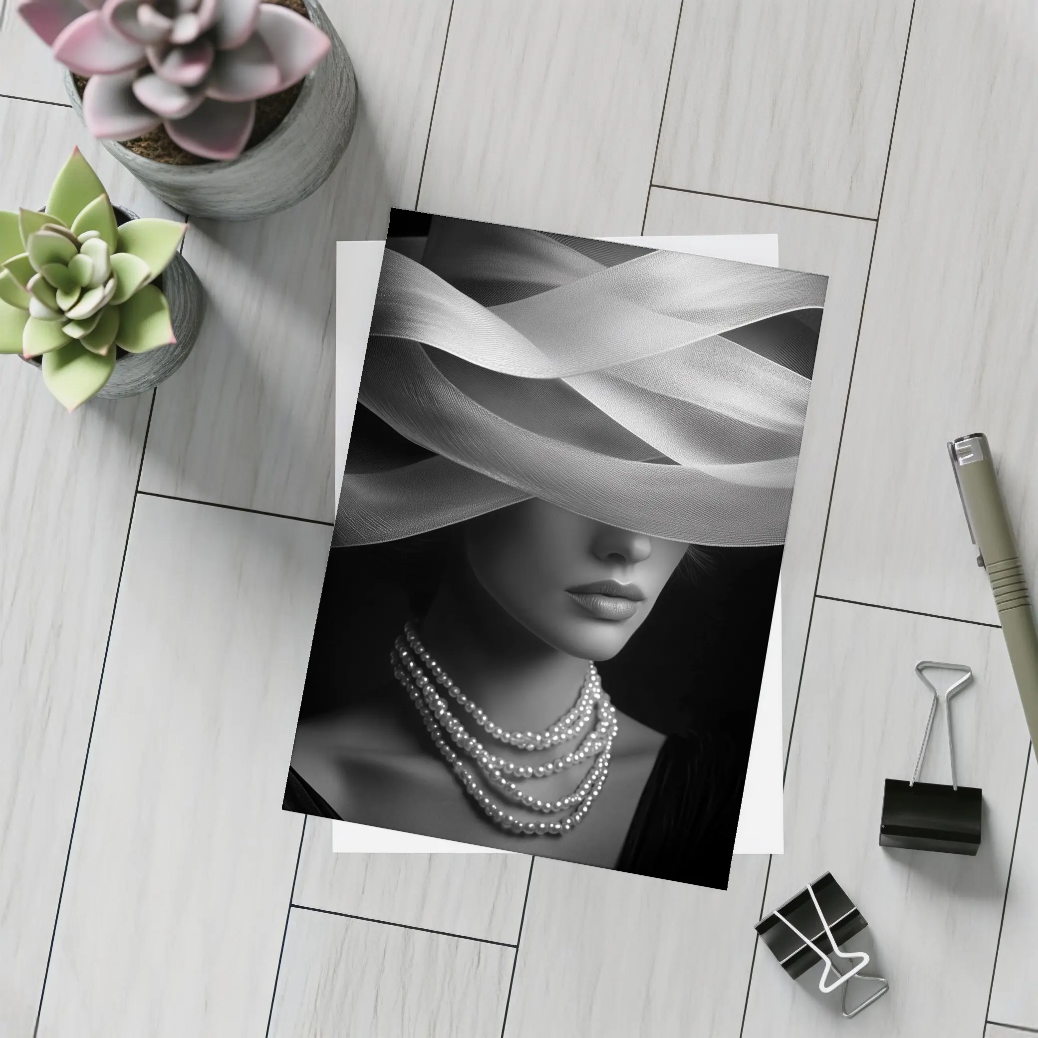 Elegant Woman Pearl Necklace Wide Hat Black – Postcards