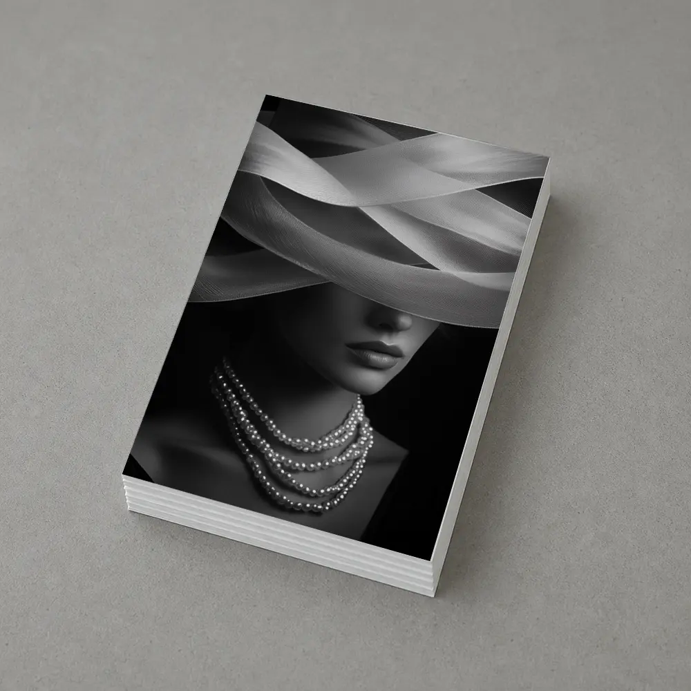 Elegant Woman Pearl Necklace Wide Hat Black – Postcards