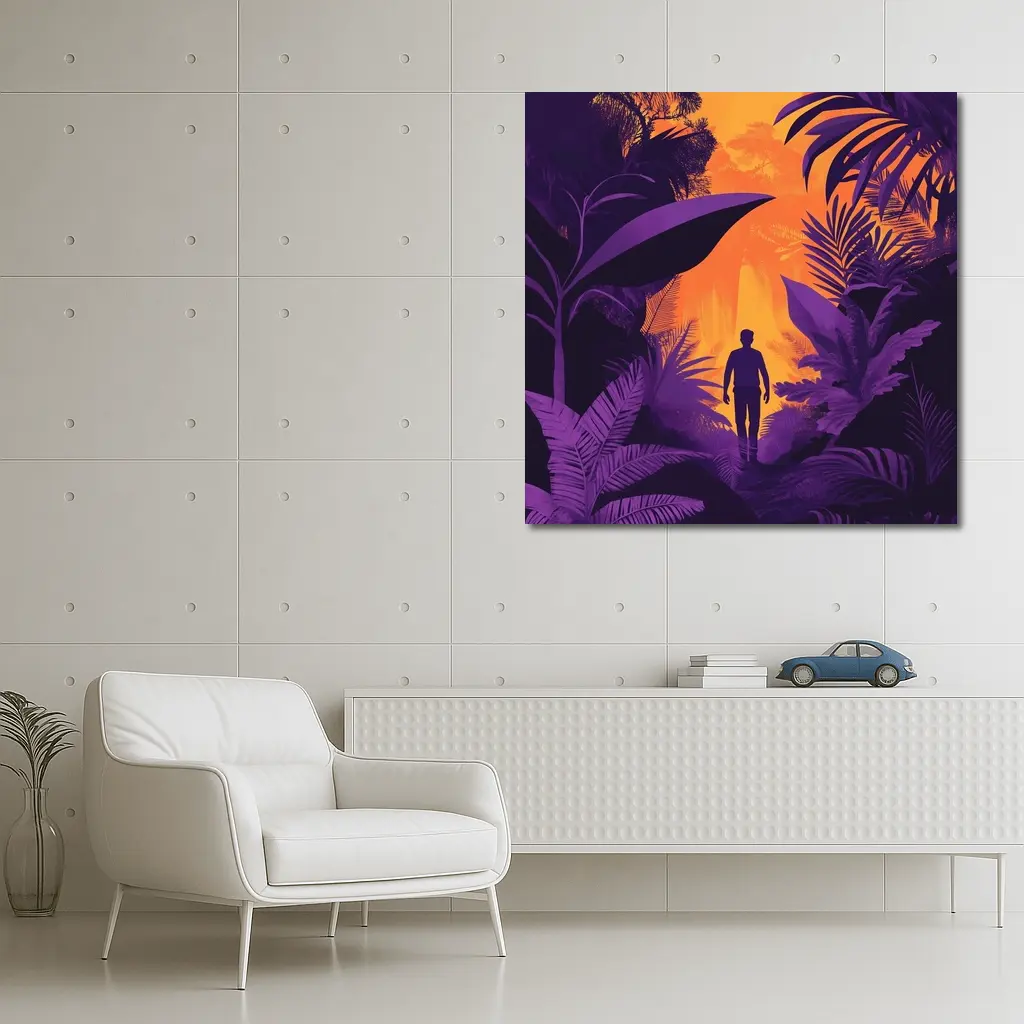 Man Silhouette Walking Through Purple Jungle – Wall Art
