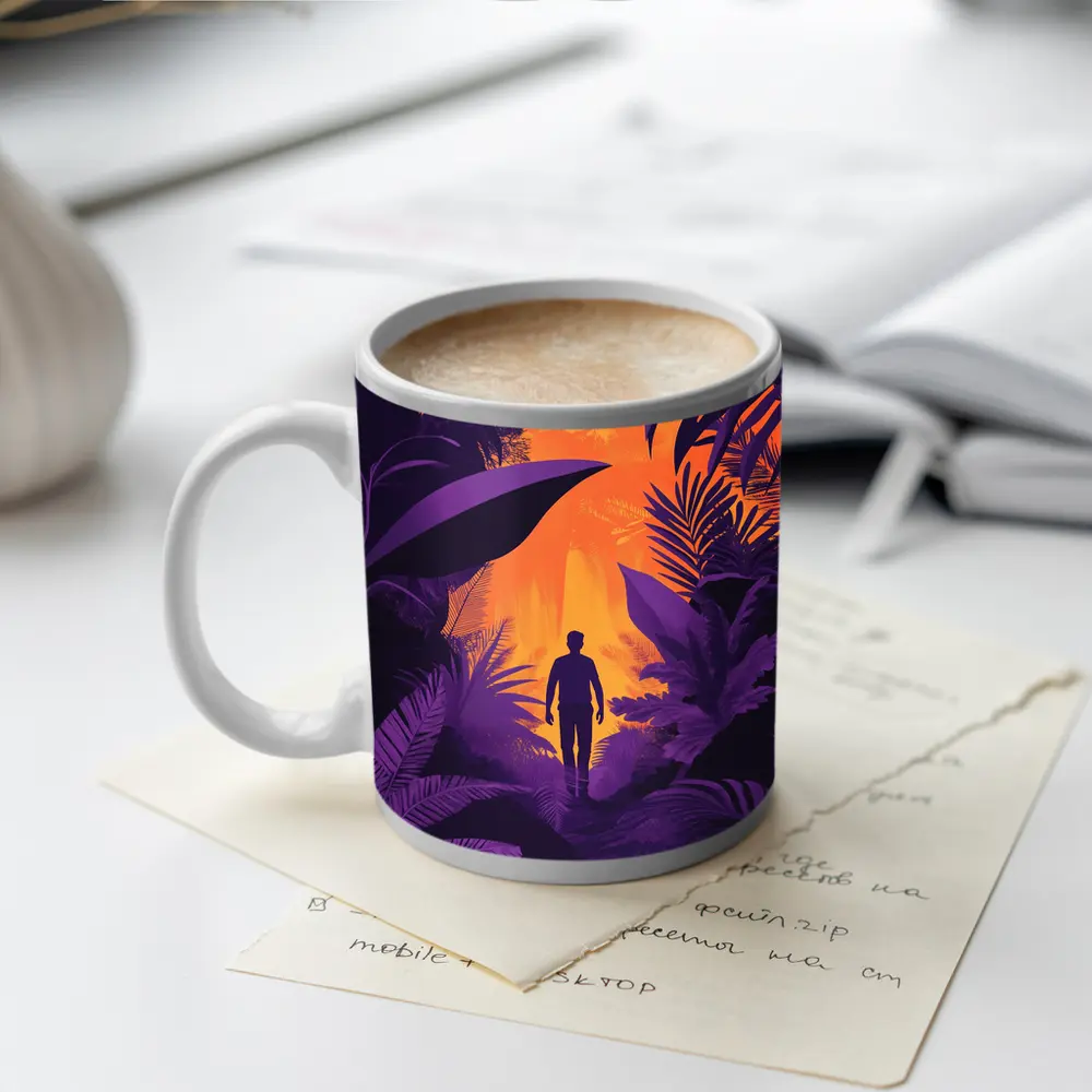 Man Silhouette Walking Through Purple Jungle – Mugs