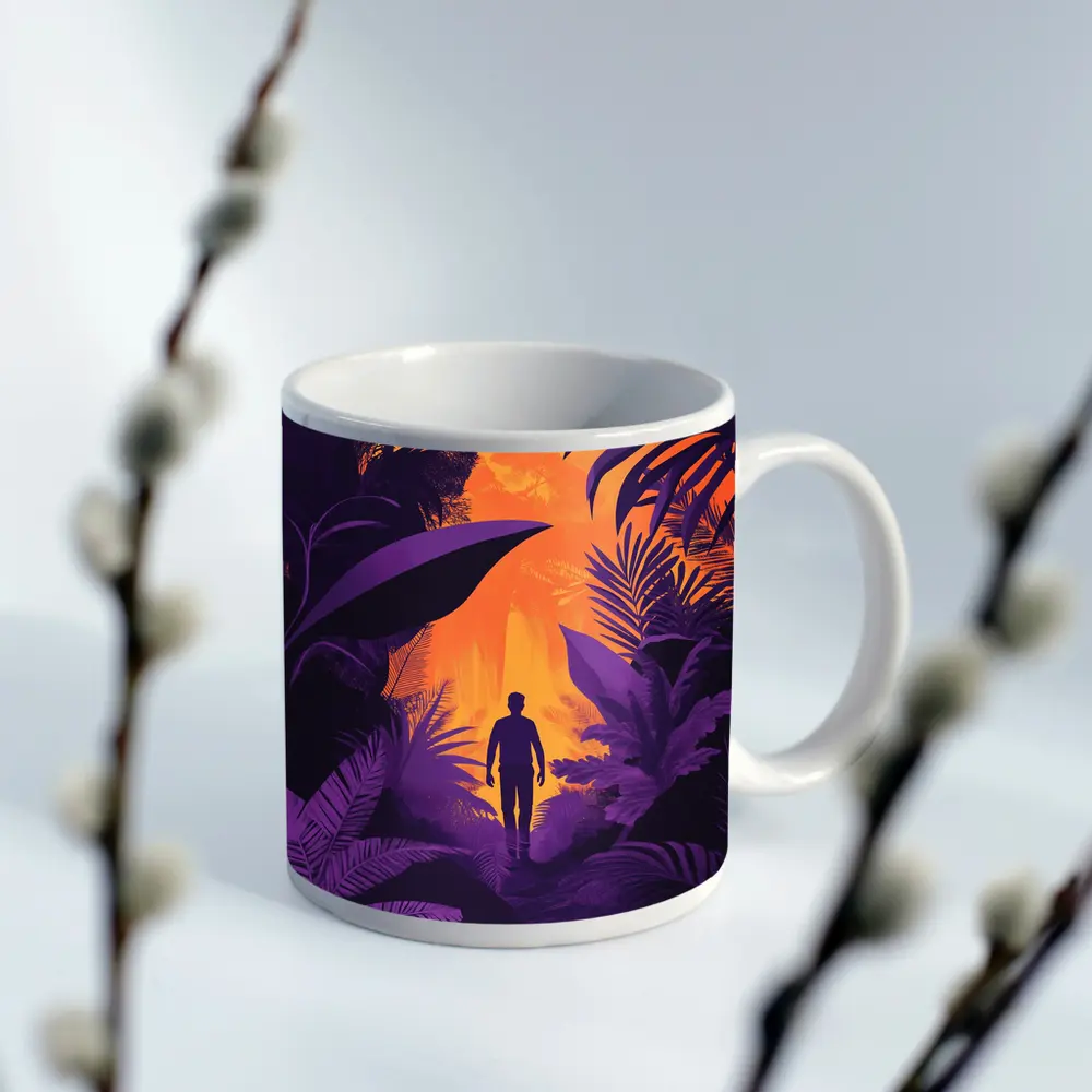 Man Silhouette Walking Through Purple Jungle – Mugs