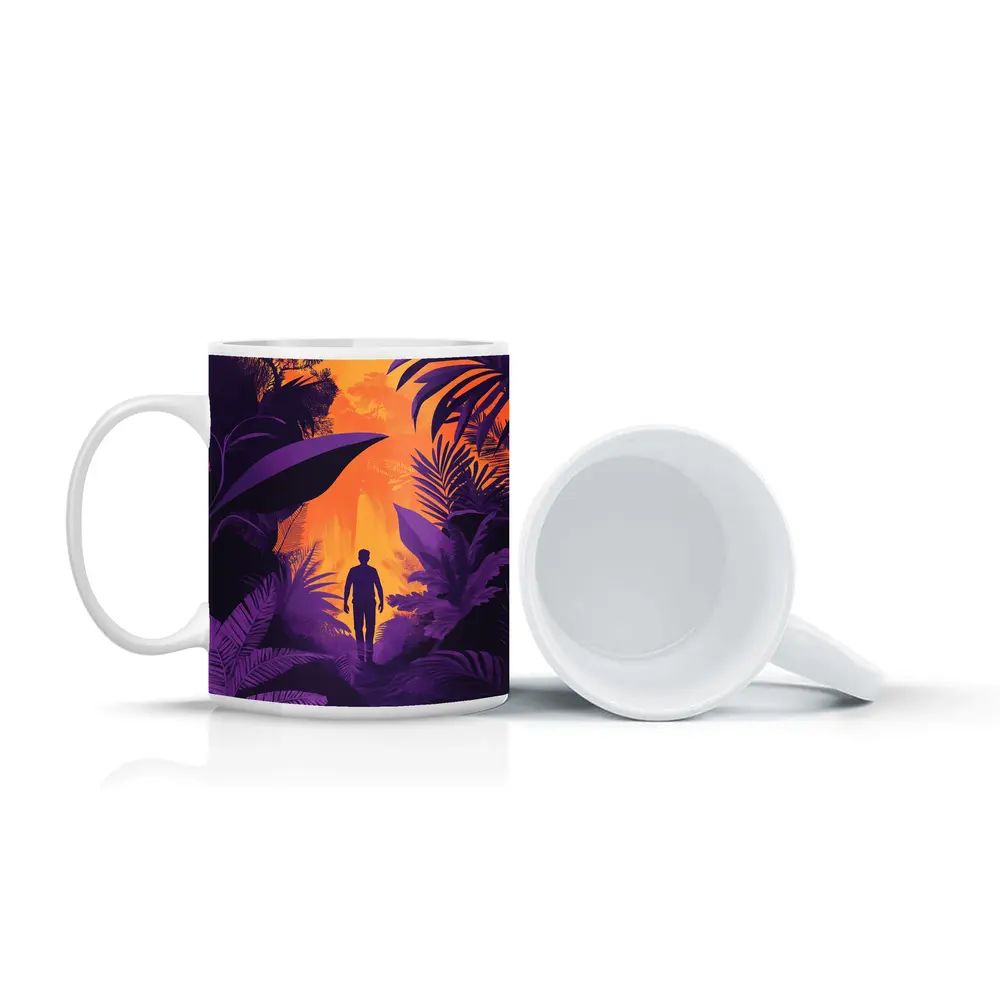 Man Silhouette Walking Through Purple Jungle – Mugs
