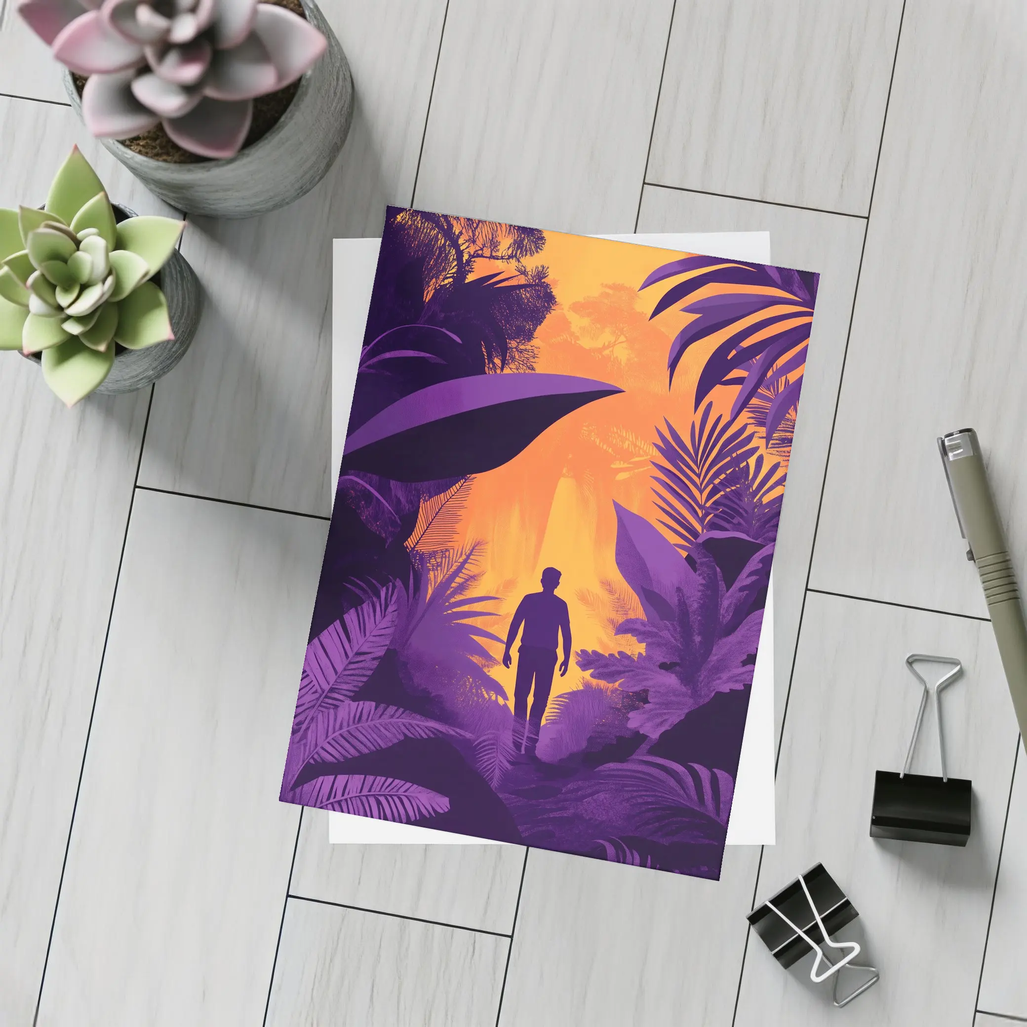 Man Silhouette Walking Through Purple Jungle – Postcards