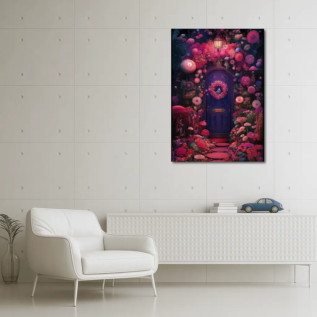Purple Door Surrounded By Magical Fantasy Flowers – Wall Art