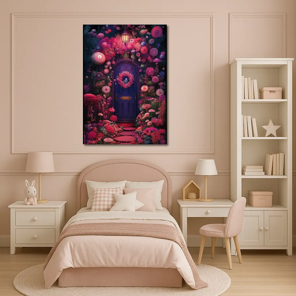 Purple Door Surrounded By Magical Fantasy Flowers – Wall Art