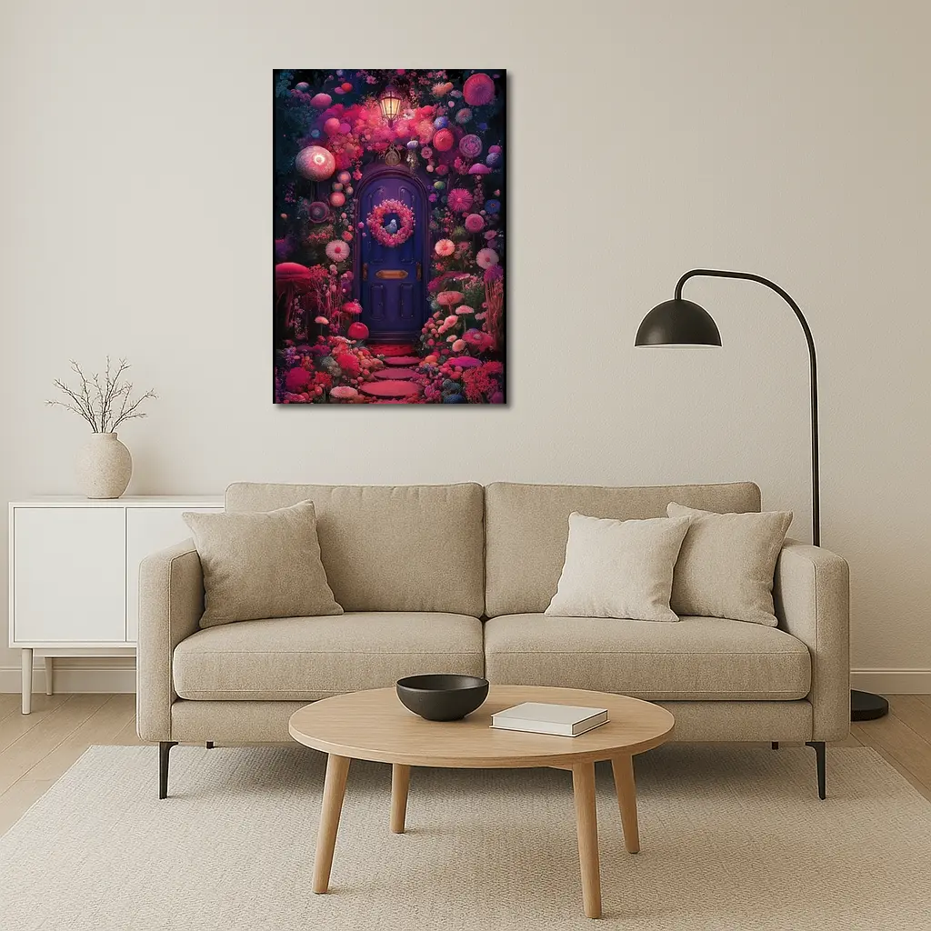 Purple Door Surrounded By Magical Fantasy Flowers – Wall Art