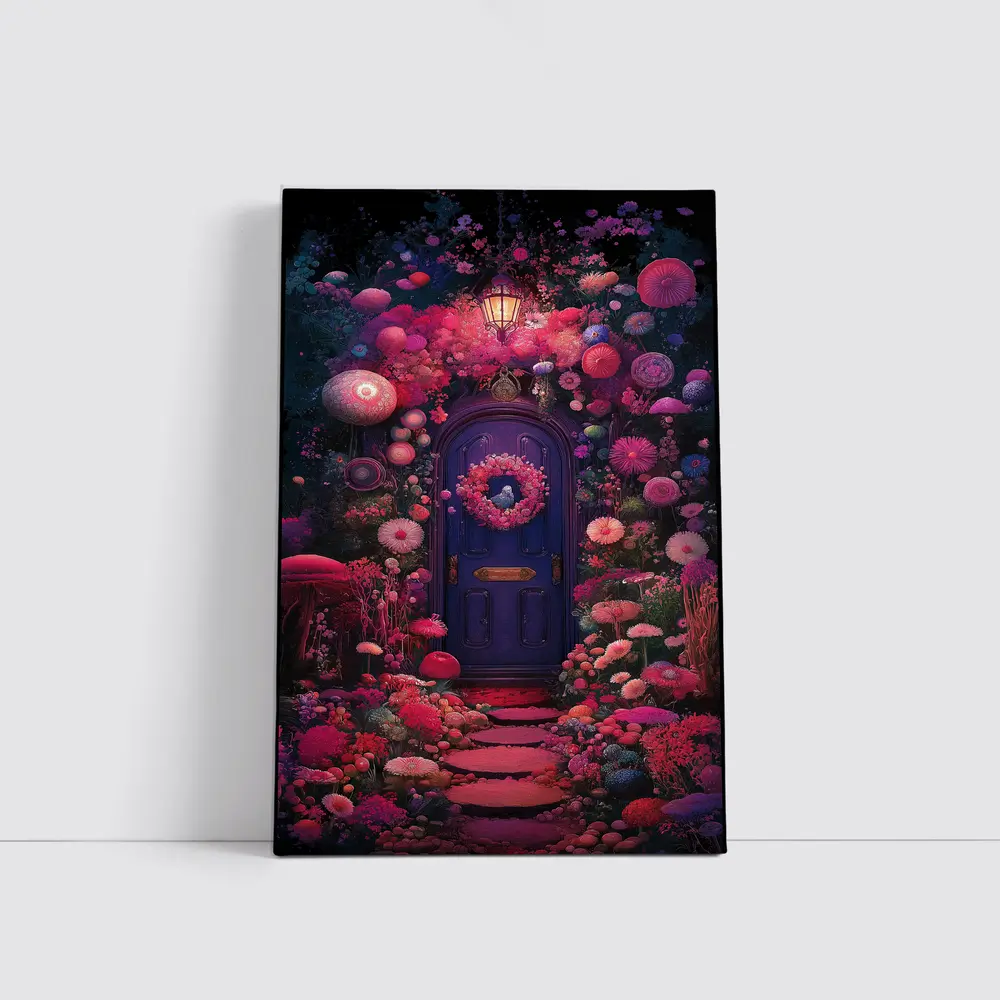 Purple Door Surrounded By Magical Fantasy Flowers – Wall Art