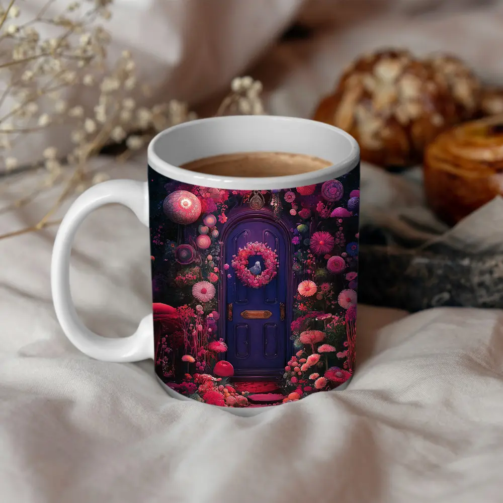 Purple Door Surrounded By Magical Fantasy Flowers – Mugs