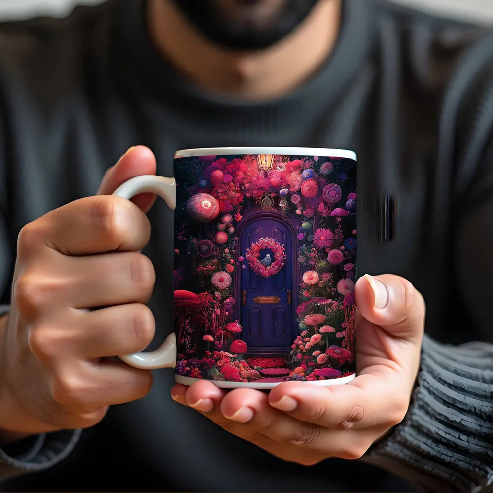 Purple Door Surrounded By Magical Fantasy Flowers – Mugs