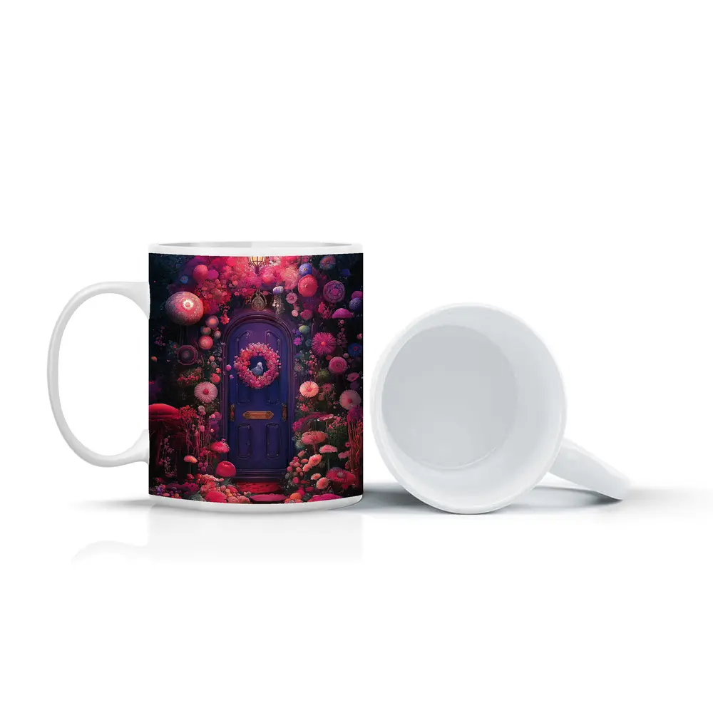 Purple Door Surrounded By Magical Fantasy Flowers – Mugs