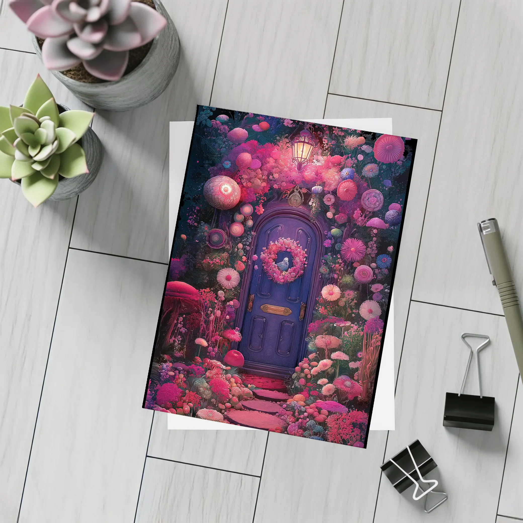 Purple Door Surrounded By Magical Fantasy Flowers – Postcards