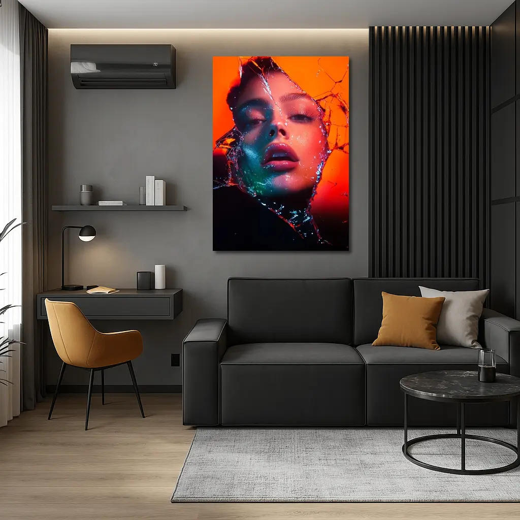 Woman Face Shattered Glass Orange Neon – Wall Art