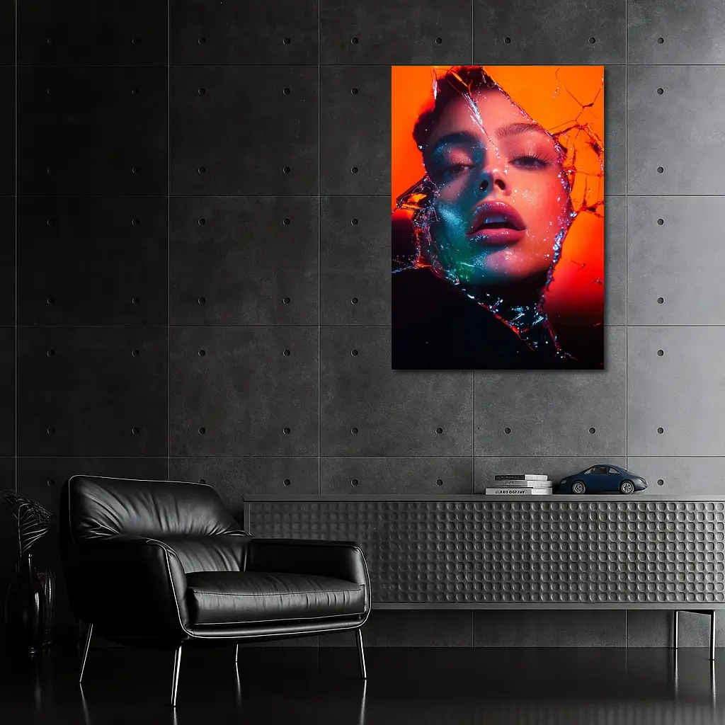 Woman Face Shattered Glass Orange Neon – Wall Art