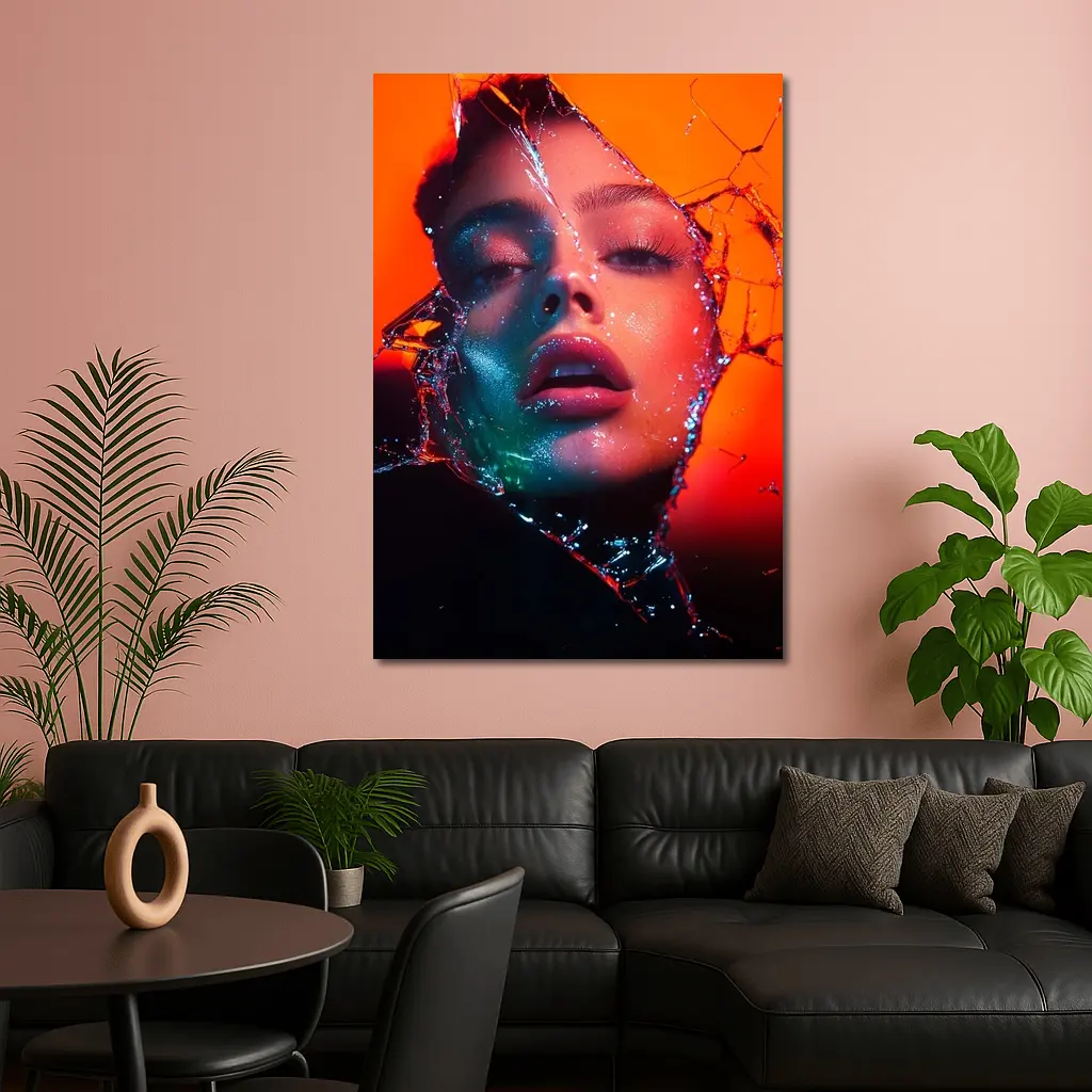 Woman Face Shattered Glass Orange Neon – Wall Art