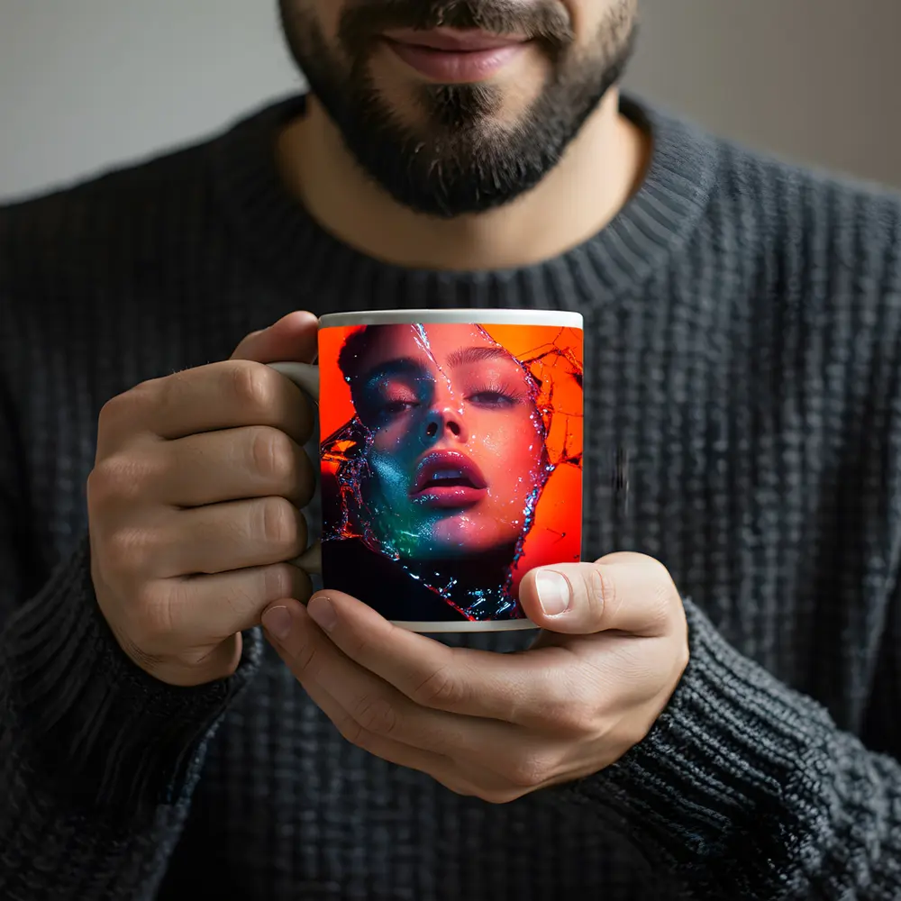 Woman Face Shattered Glass Orange Neon – Mugs