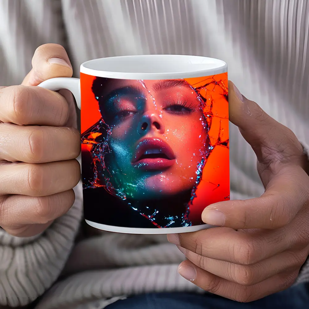Woman Face Shattered Glass Orange Neon – Mugs