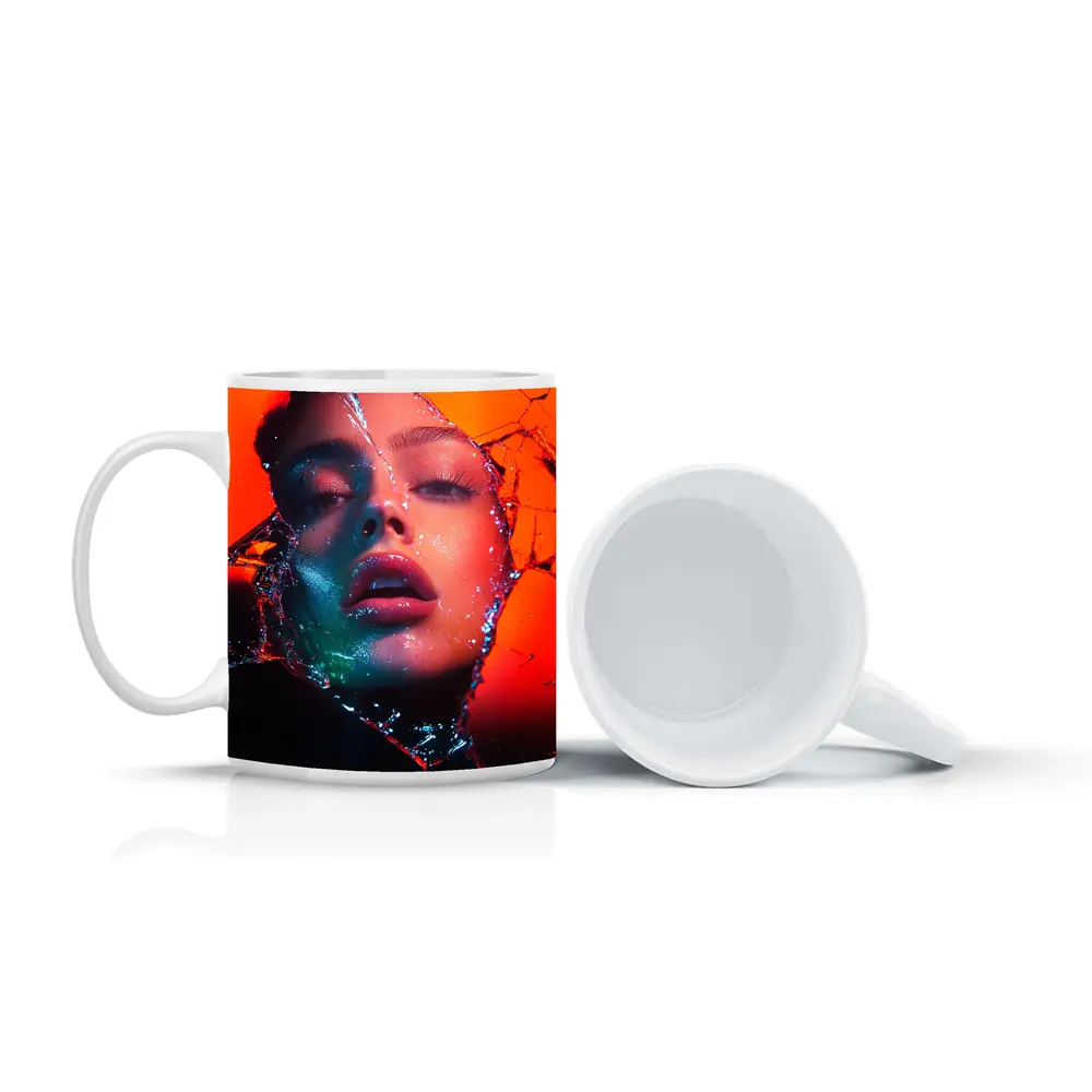 Woman Face Shattered Glass Orange Neon – Mugs
