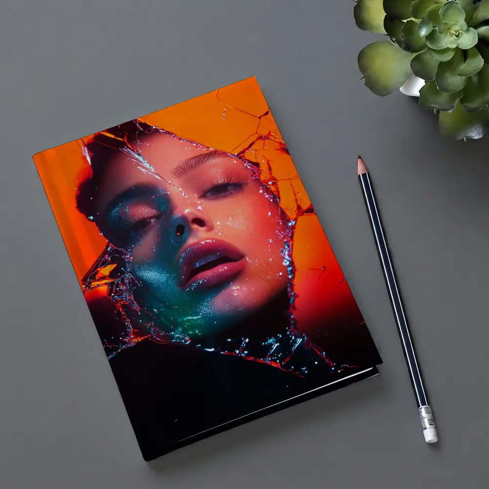 Woman Face Shattered Glass Orange Neon – Notebooks