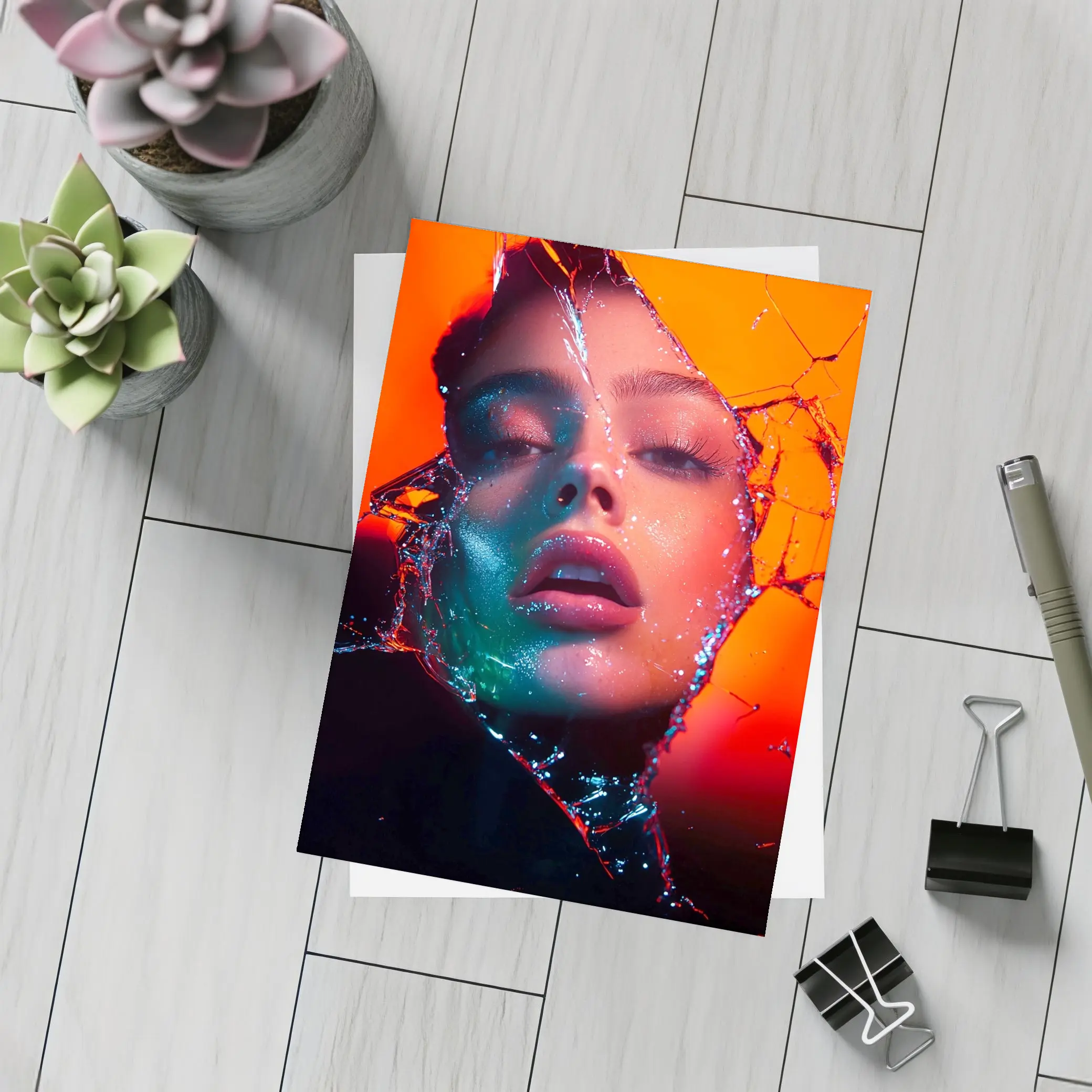Woman Face Shattered Glass Orange Neon – Postcards