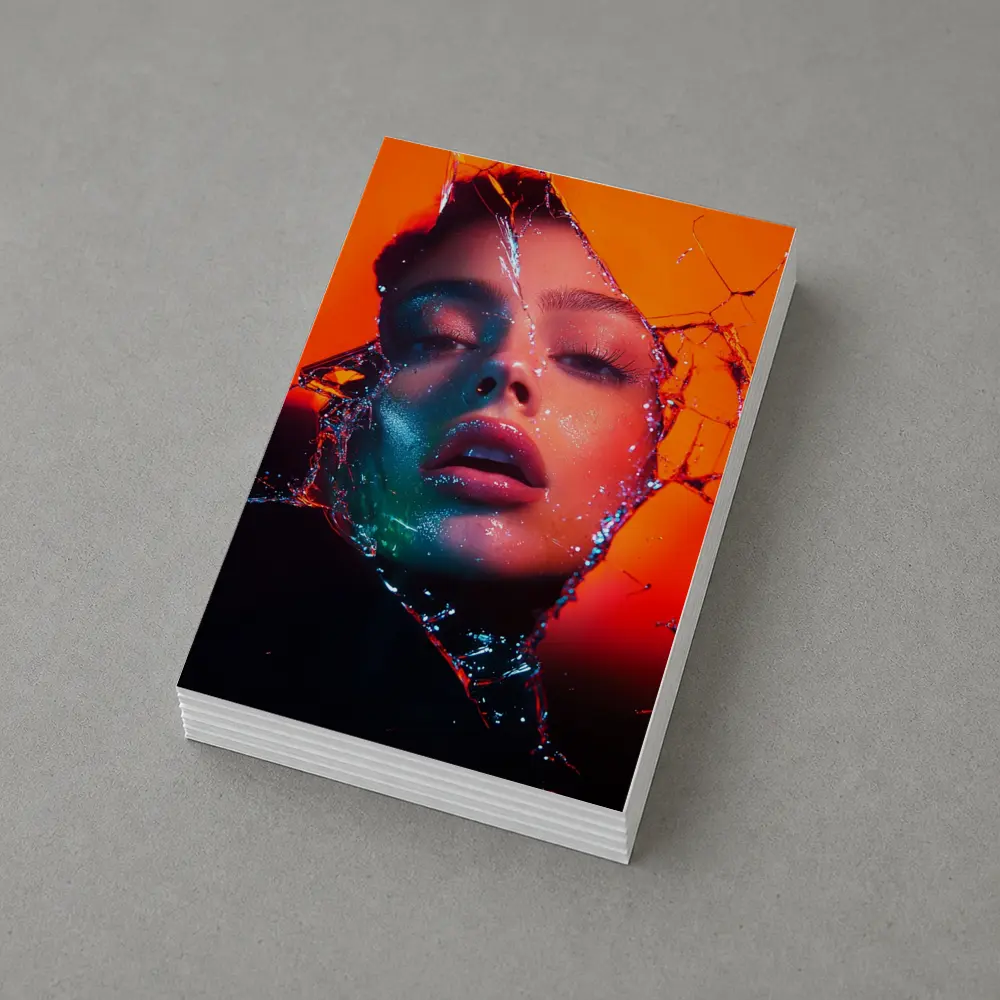 Woman Face Shattered Glass Orange Neon – Postcards