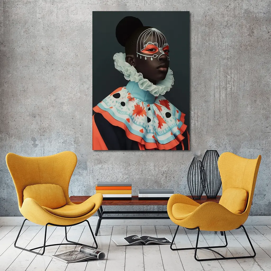 Fashion Portrait Woman Ornate Mask Gray Background – Wall Art