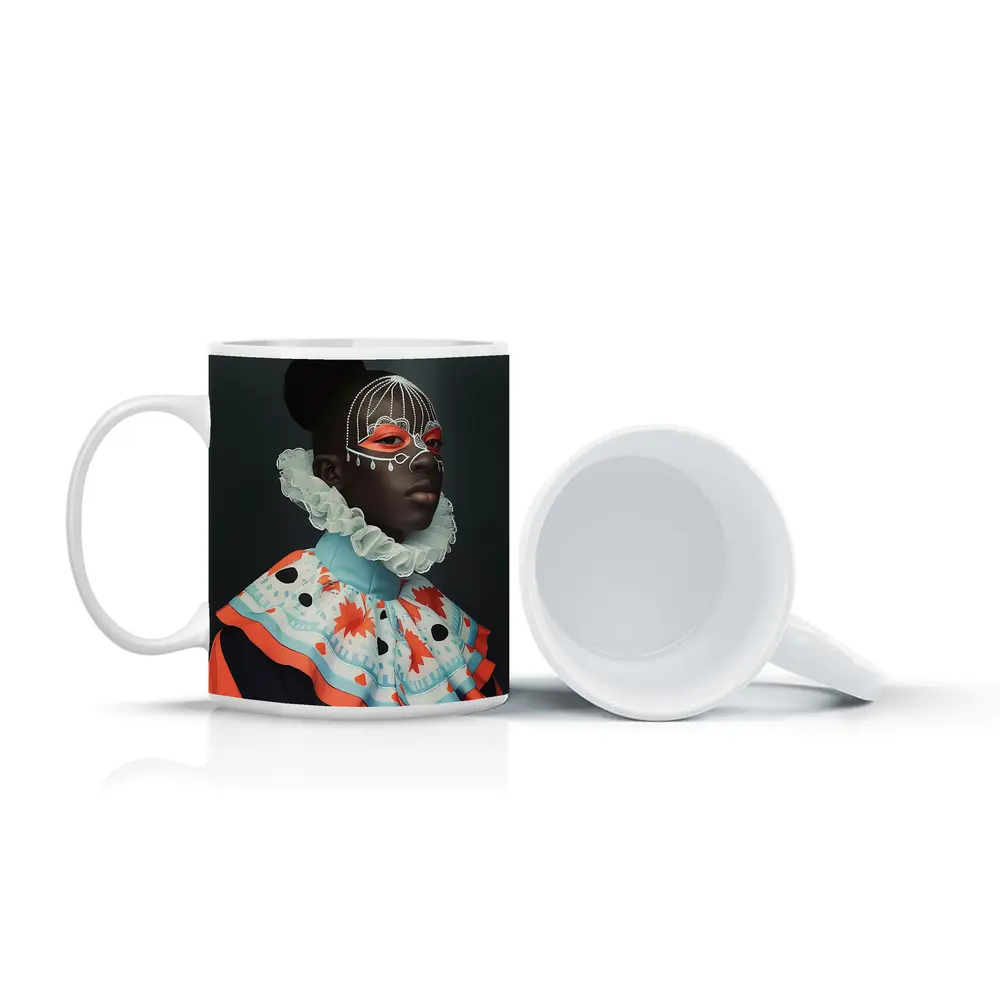 Fashion Portrait Woman Ornate Mask Gray Background – Mugs