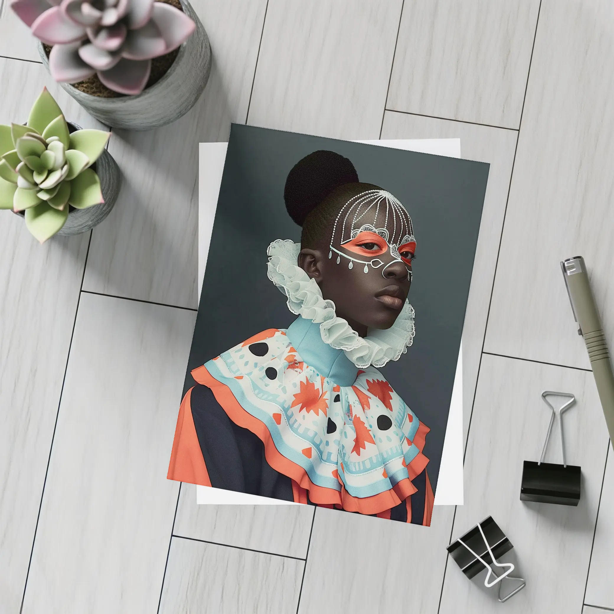 Fashion Portrait Woman Ornate Mask Gray Background – Postcards
