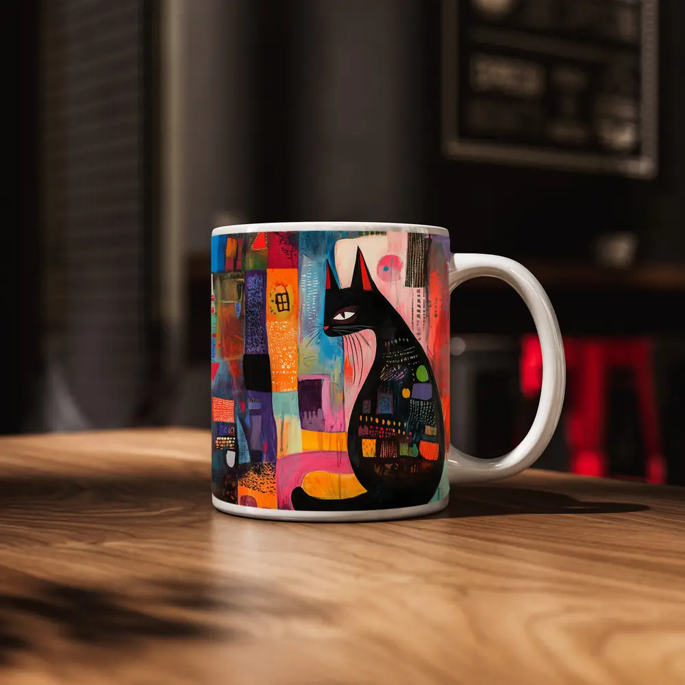 Black Cat Abstract Colorful Urban Art – Mugs