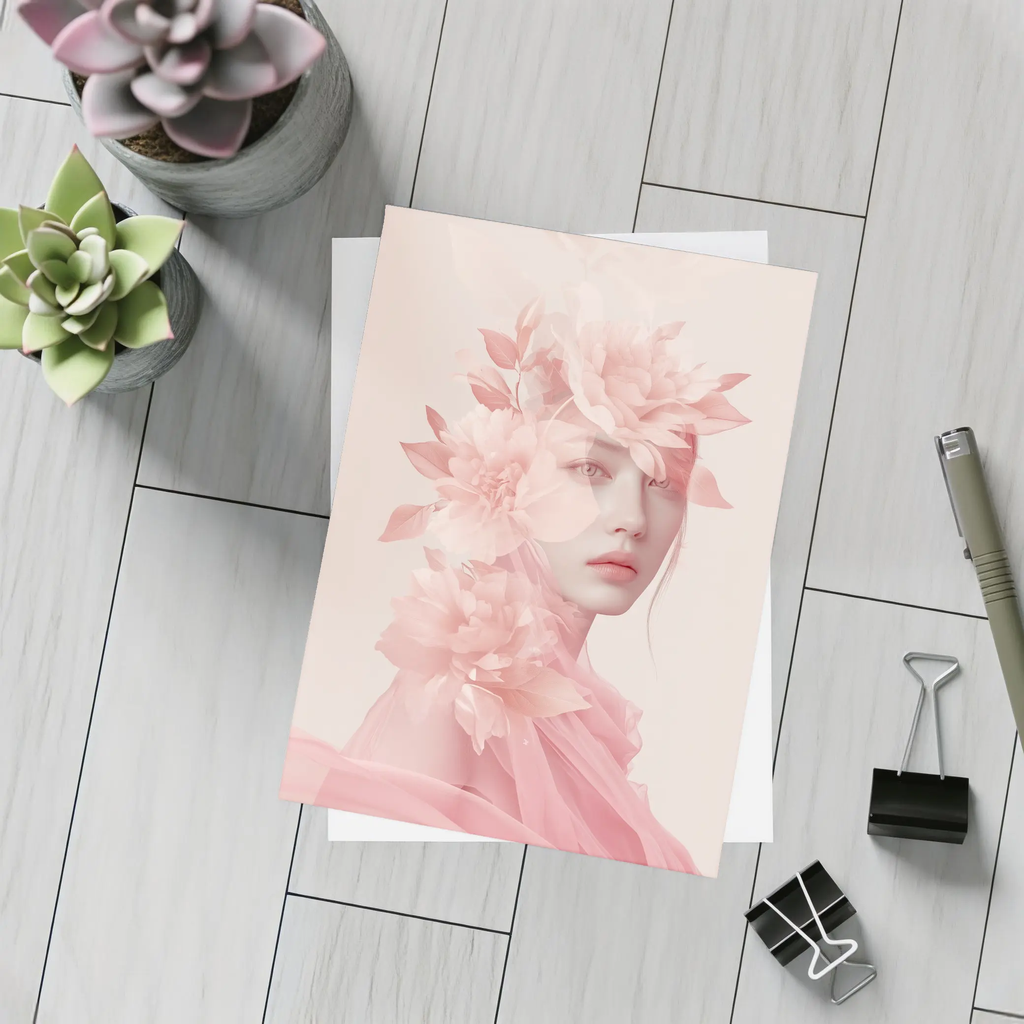 Pink Floral Woman Portrait Soft Dreamy – Postcards