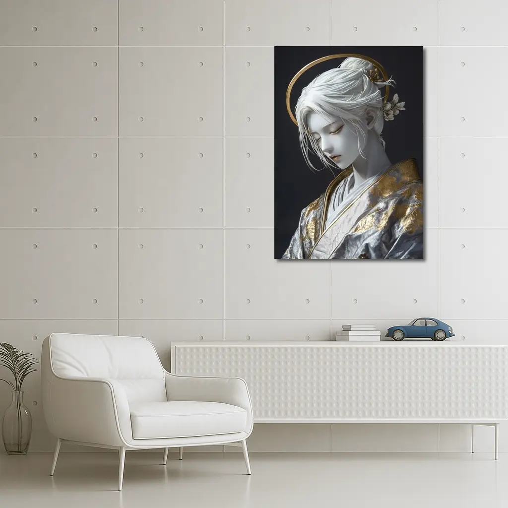 White Gold Geisha Figure Dark Background – Wall Art