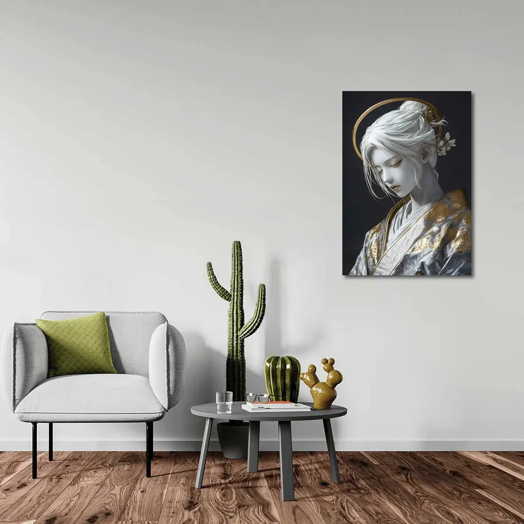 White Gold Geisha Figure Dark Background – Wall Art