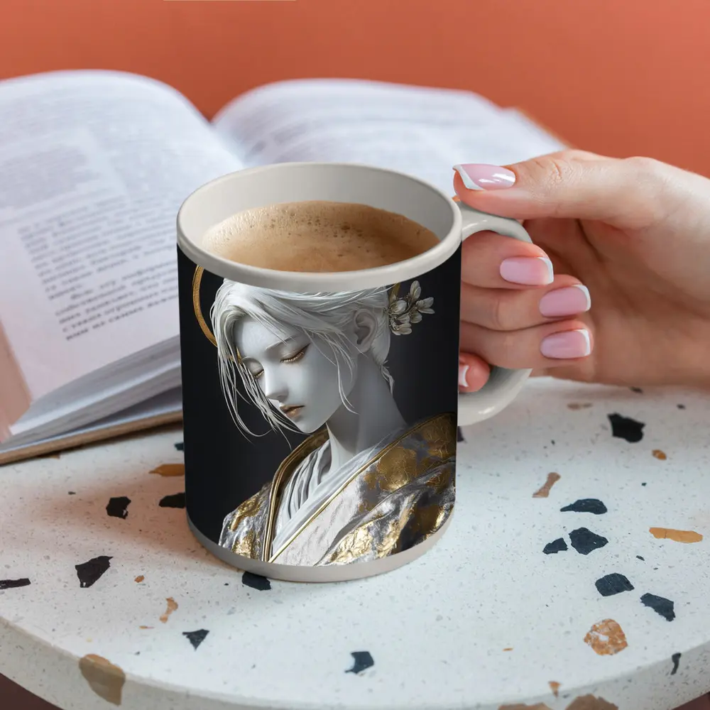 White Gold Geisha Figure Dark Background – Mugs