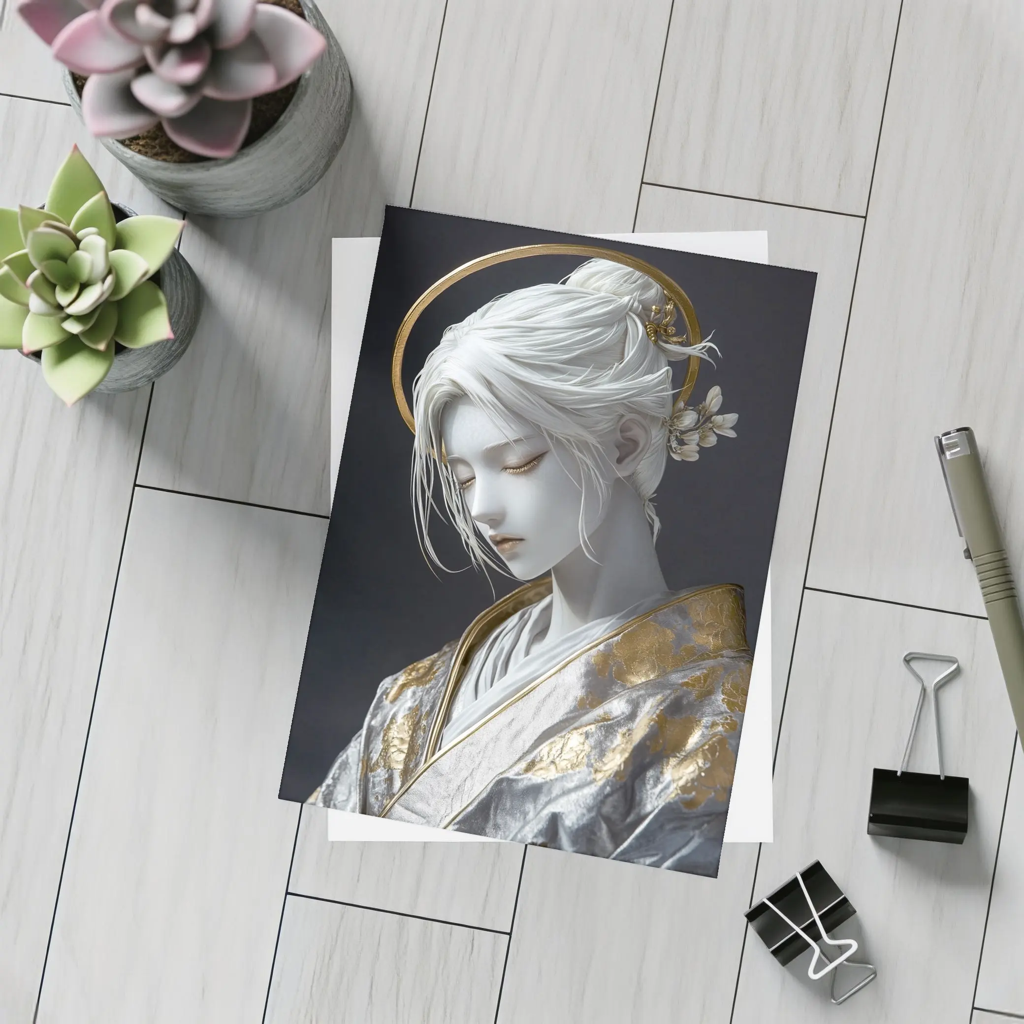 White Gold Geisha Figure Dark Background – Postcards