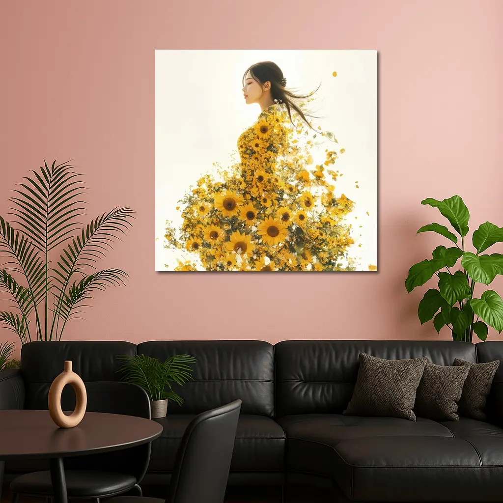 Woman Silhouette Blooming Sunflowers White Background – Wall Art