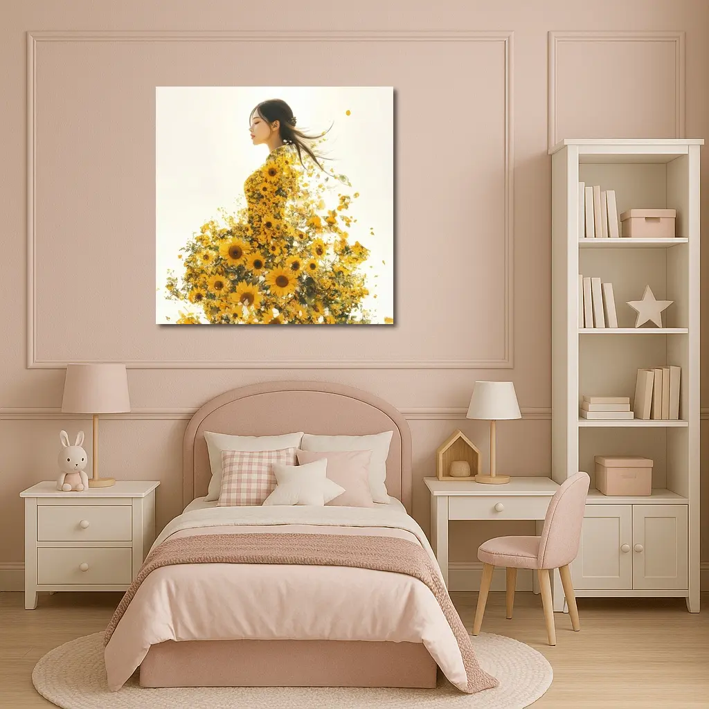 Woman Silhouette Blooming Sunflowers White Background – Wall Art