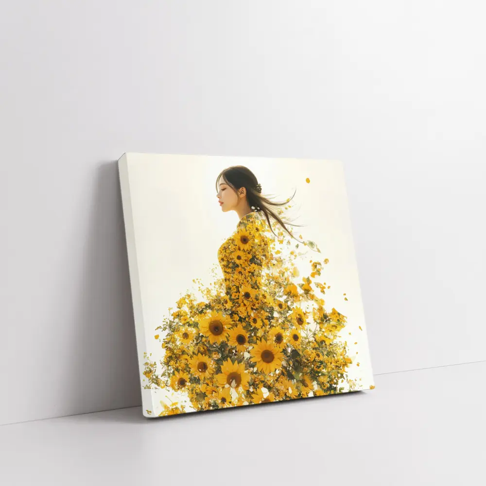 Woman Silhouette Blooming Sunflowers White Background – Wall Art