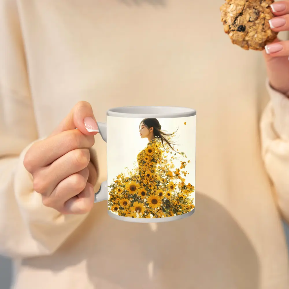 Woman Silhouette Blooming Sunflowers White Background – Mugs