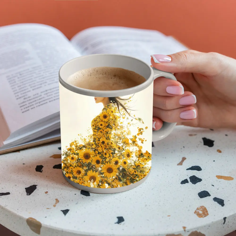 Woman Silhouette Blooming Sunflowers White Background – Mugs