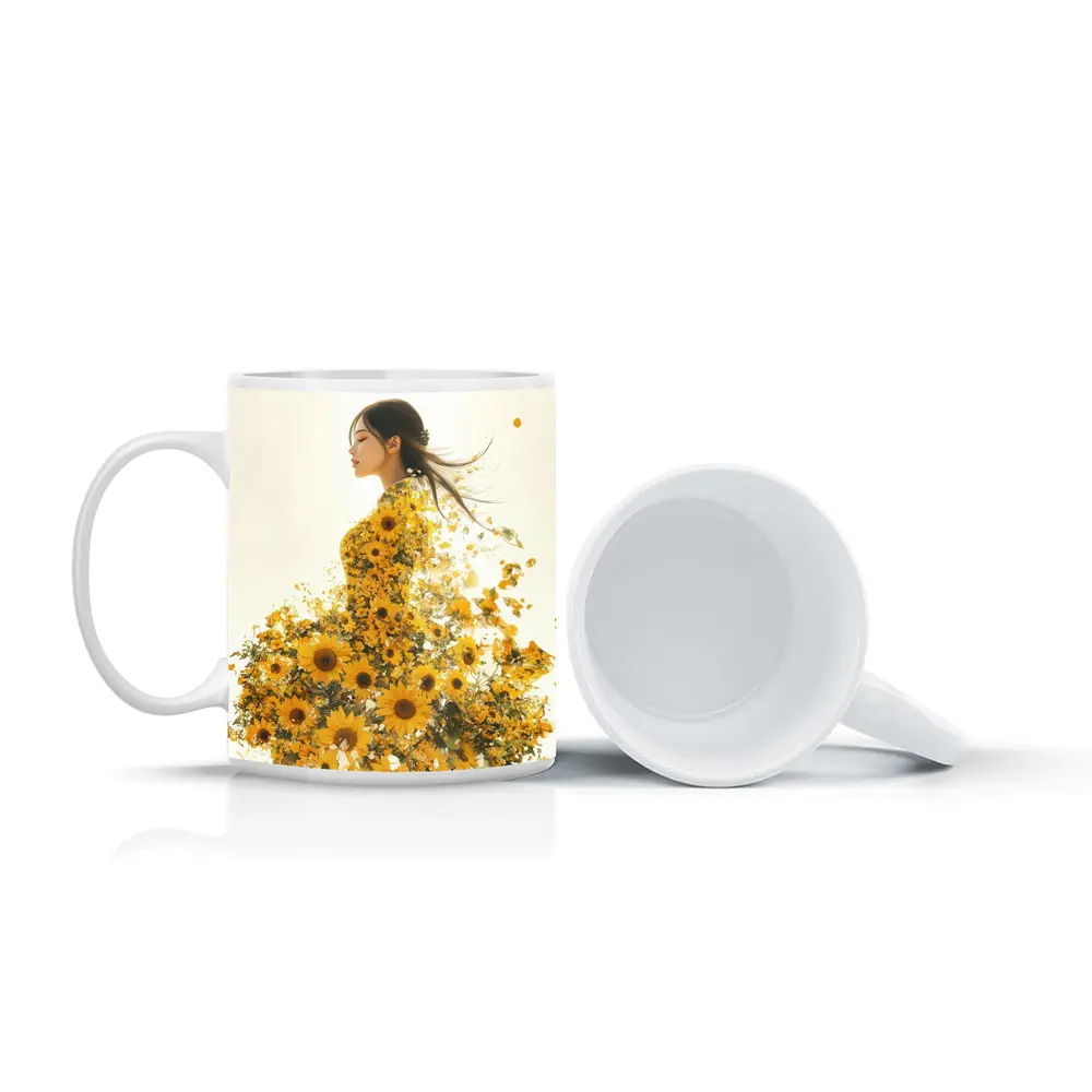 Woman Silhouette Blooming Sunflowers White Background – Mugs
