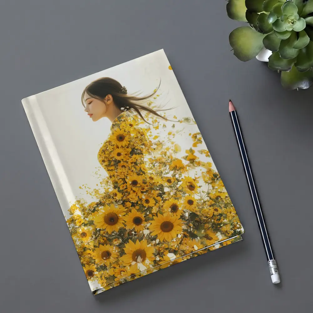 Woman Silhouette Blooming Sunflowers White Background – Notebooks