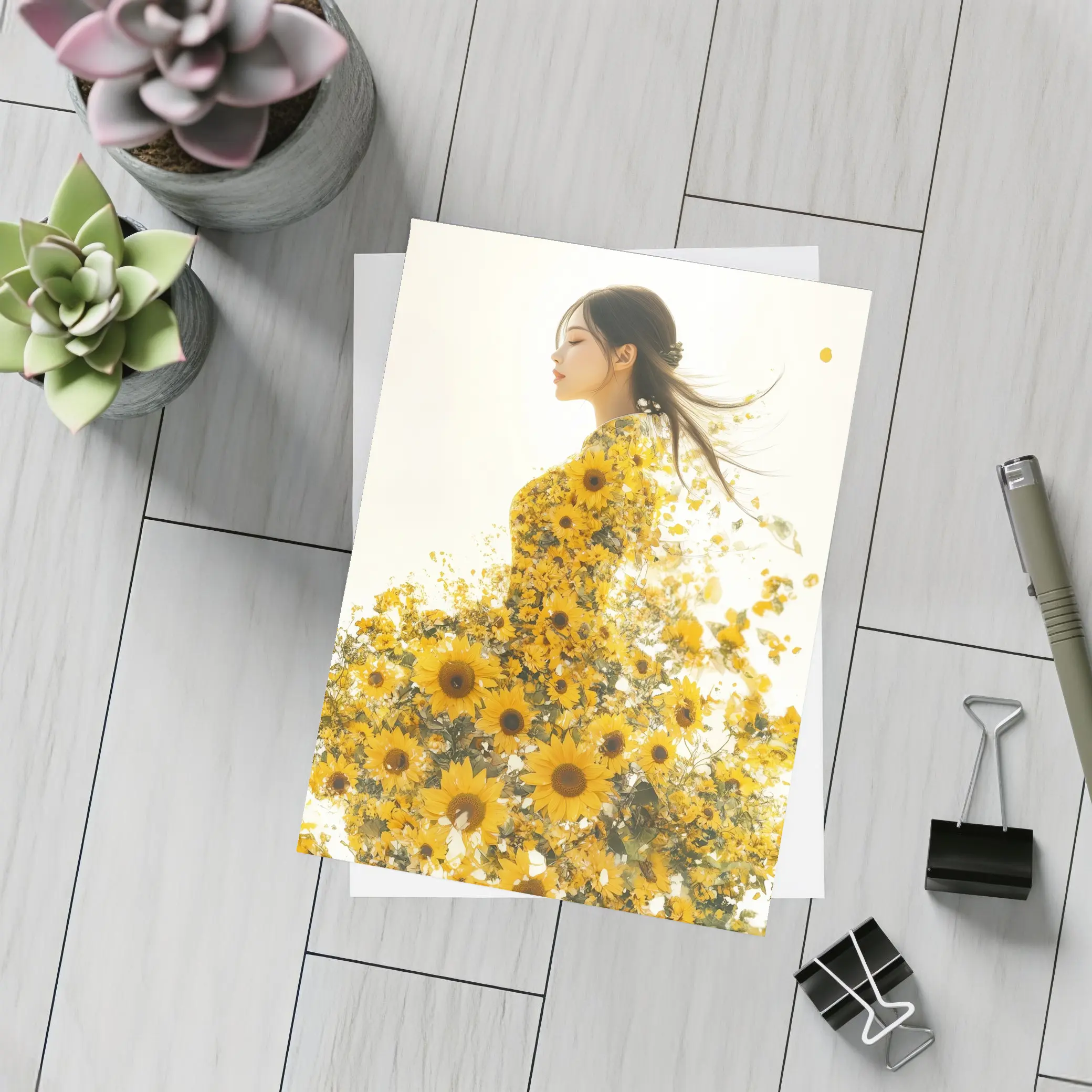 Woman Silhouette Blooming Sunflowers White Background – Postcards