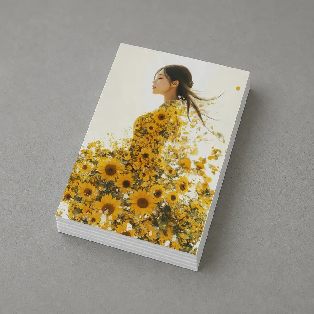 Woman Silhouette Blooming Sunflowers White Background – Postcards