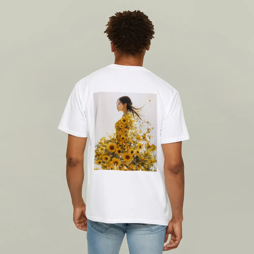 Woman Silhouette Blooming Sunflowers White Background – T-Shirts