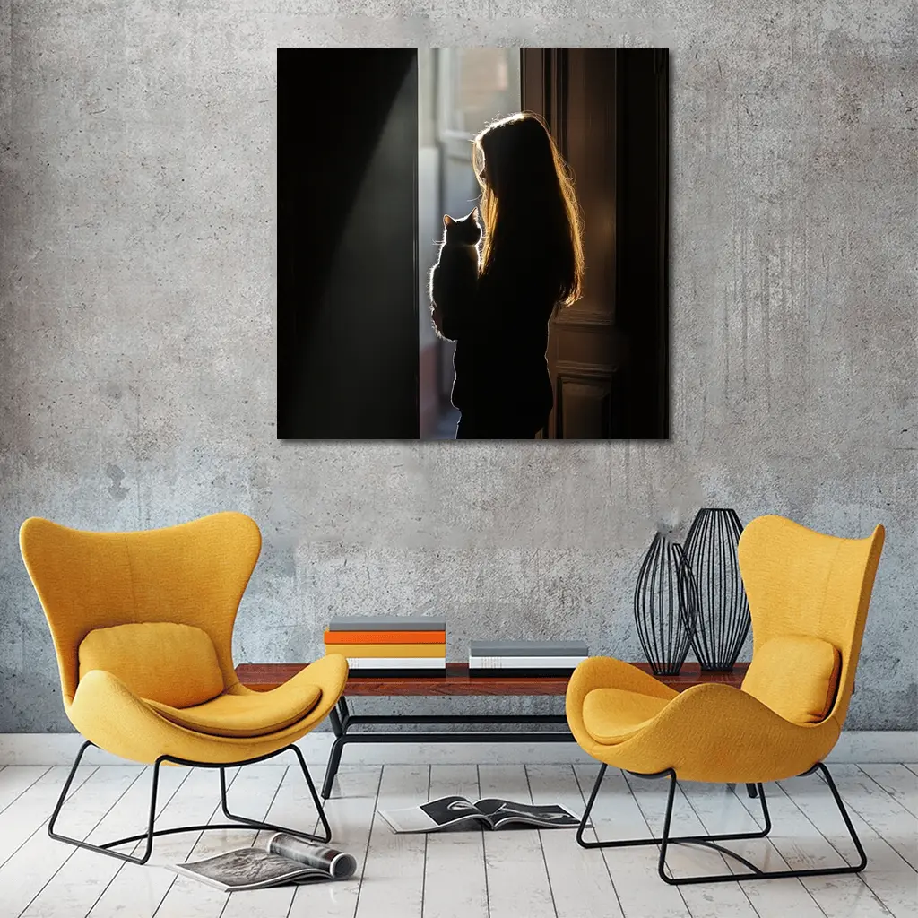 Girl Holding Cat Silhouette Window Light – Wall Art
